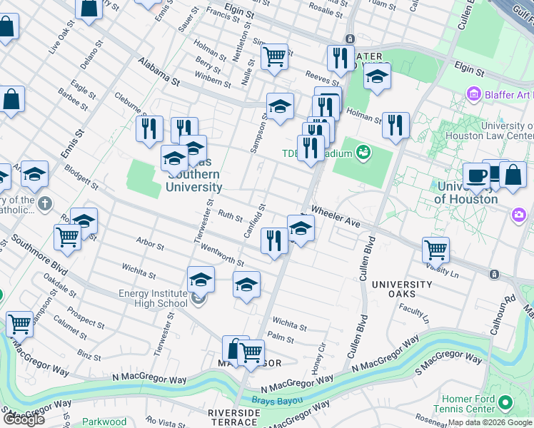 map of restaurants, bars, coffee shops, grocery stores, and more near 3604 Rosewood Street in Houston