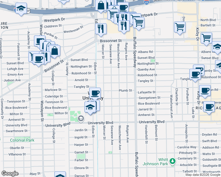 map of restaurants, bars, coffee shops, grocery stores, and more near 3505 Tangley Street in West University Place