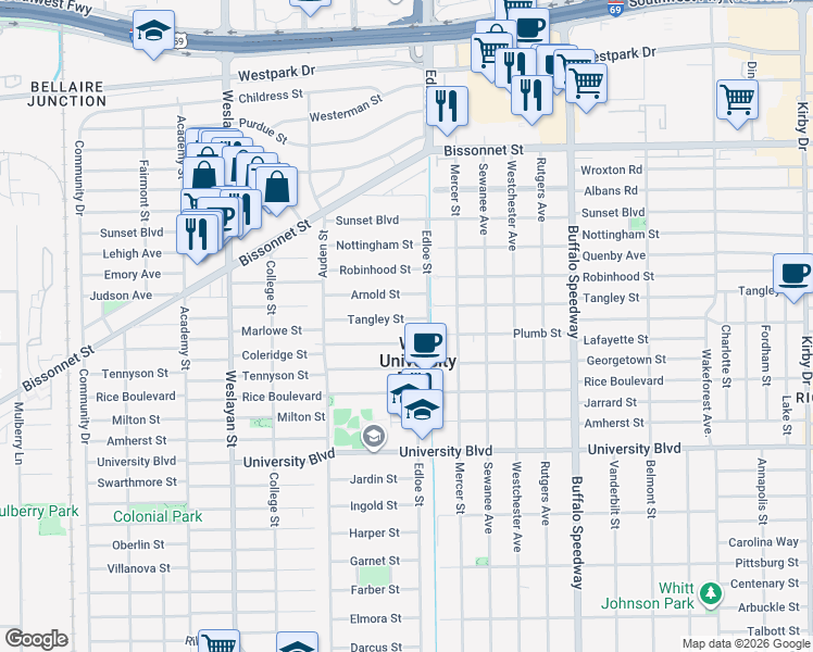 map of restaurants, bars, coffee shops, grocery stores, and more near 3724 Tangley Street in West University Place