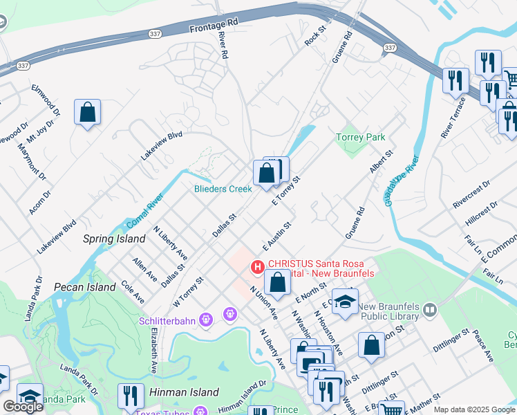 map of restaurants, bars, coffee shops, grocery stores, and more near 365 East Torrey Street in New Braunfels