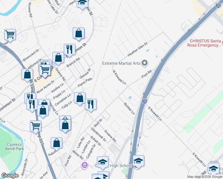 map of restaurants, bars, coffee shops, grocery stores, and more near 1781 Post Rd in New Braunfels