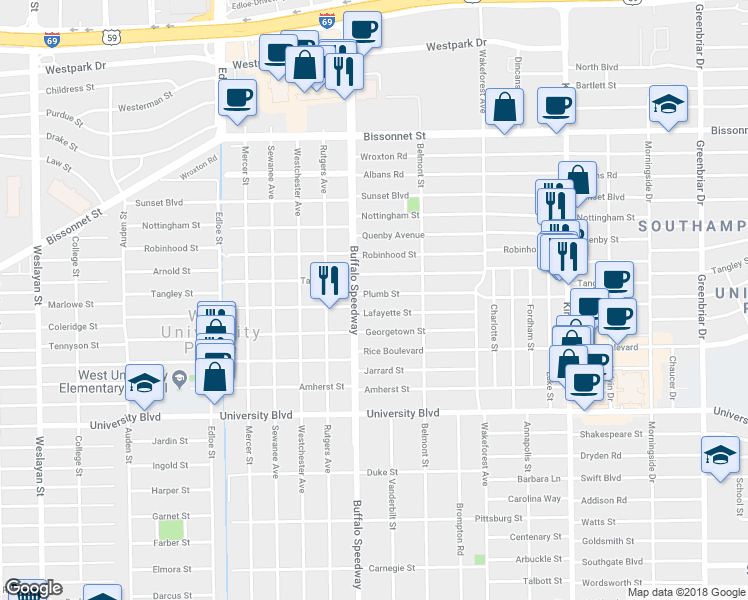 map of restaurants, bars, coffee shops, grocery stores, and more near 3118 Plumb Street in Houston