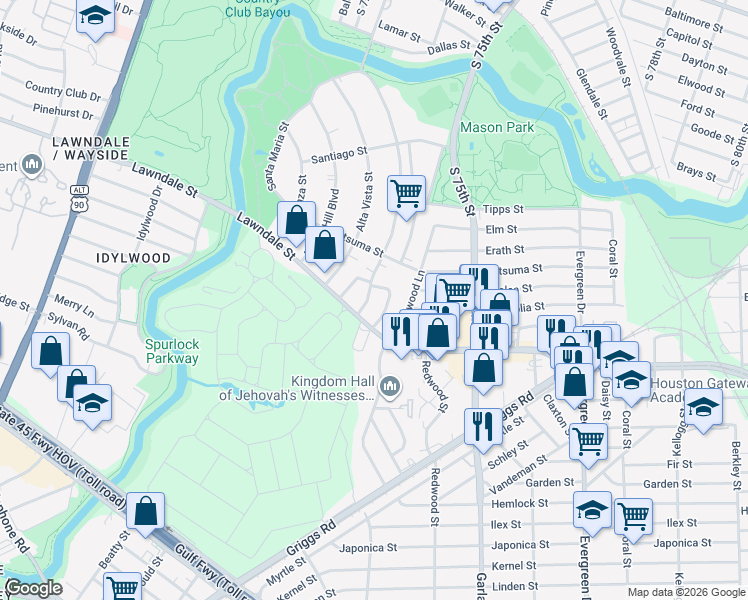 map of restaurants, bars, coffee shops, grocery stores, and more near 2032 Pasadena Street in Houston