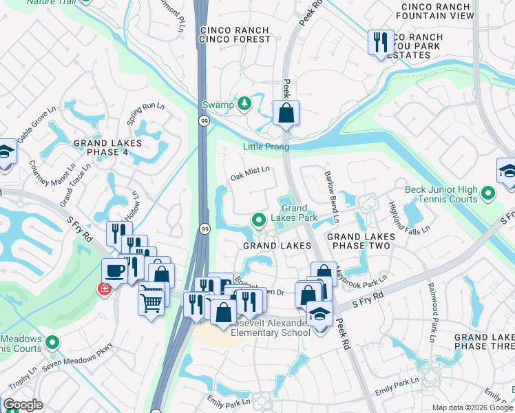 map of restaurants, bars, coffee shops, grocery stores, and more near 22506 Country Cove Lane in Katy
