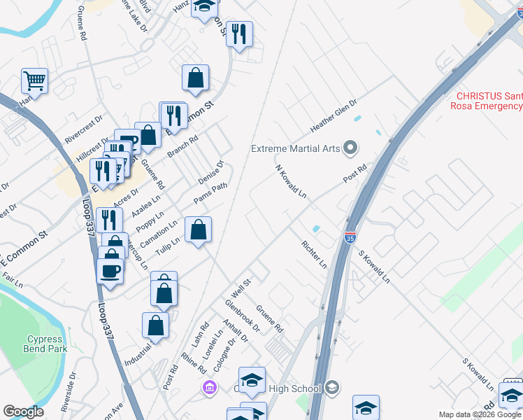 map of restaurants, bars, coffee shops, grocery stores, and more near 1781 Post Road in New Braunfels