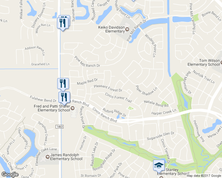 map of restaurants, bars, coffee shops, grocery stores, and more near Pleasant Forest Drive in Katy