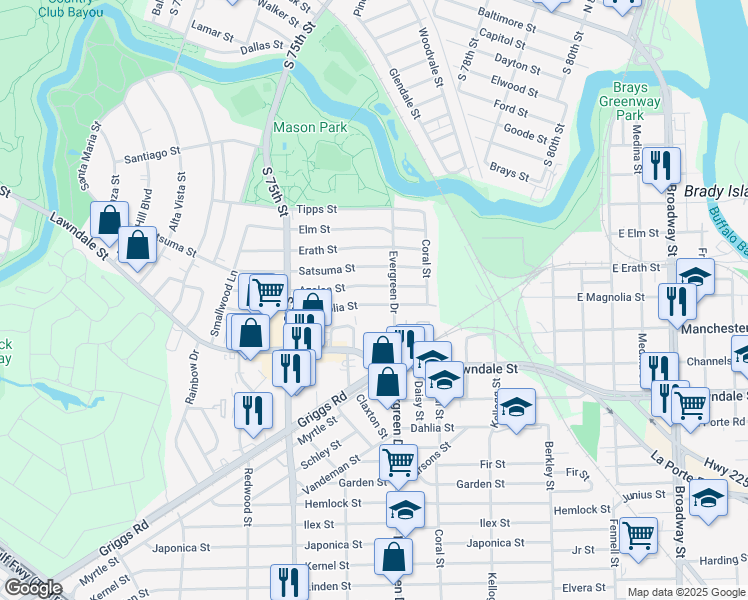 map of restaurants, bars, coffee shops, grocery stores, and more near 7619 Magnolia Street in Houston