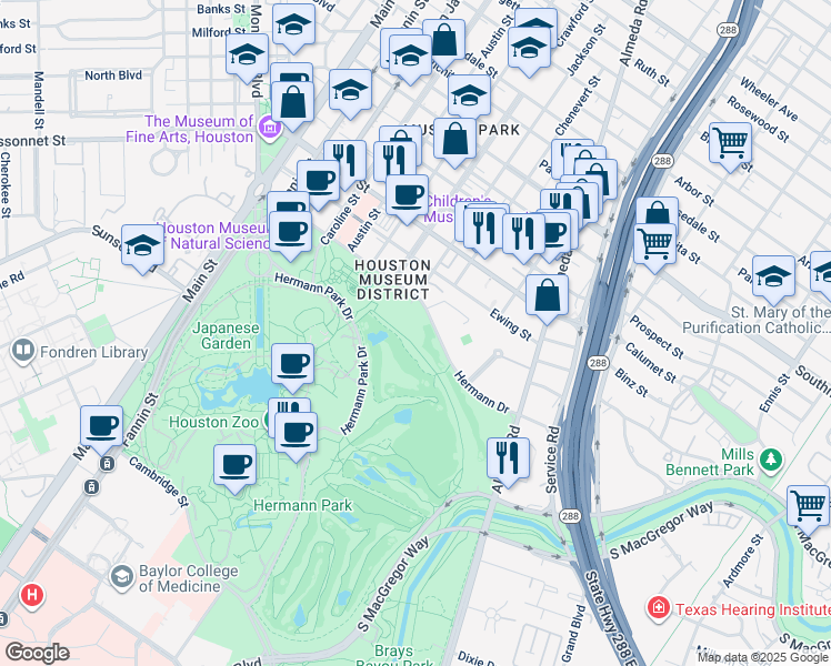 map of restaurants, bars, coffee shops, grocery stores, and more near 1700 Hermann Drive in Houston