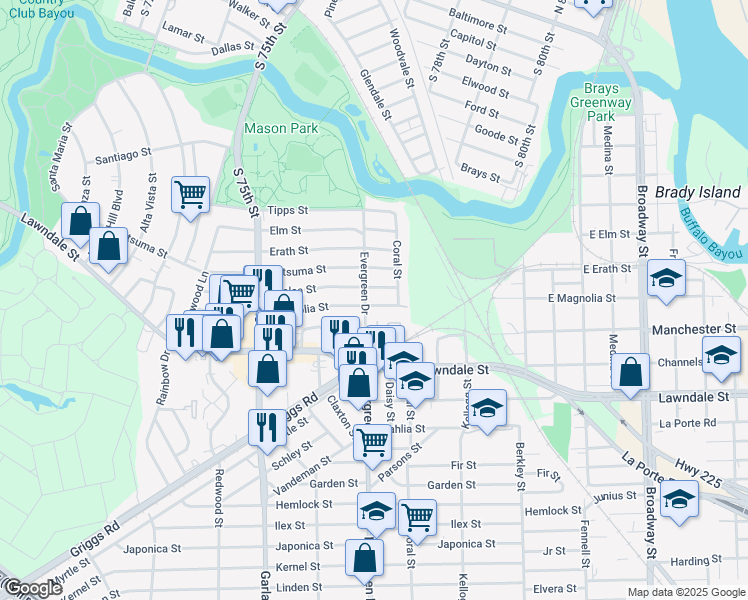 map of restaurants, bars, coffee shops, grocery stores, and more near 7634 Azalea Street in Houston