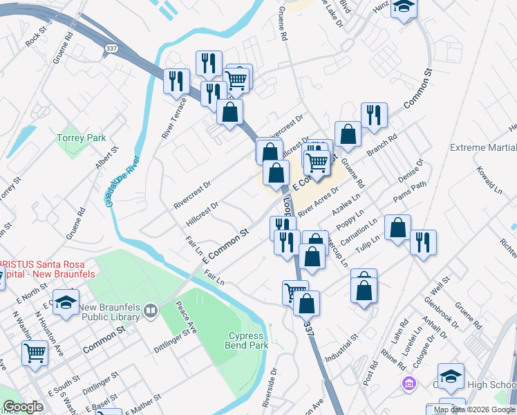 map of restaurants, bars, coffee shops, grocery stores, and more near 712 Woodcrest Circle in New Braunfels