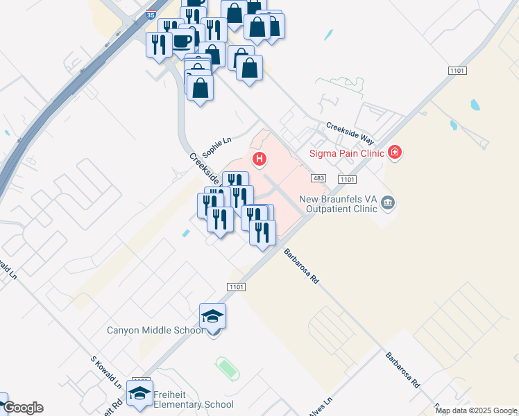 map of restaurants, bars, coffee shops, grocery stores, and more near 601 Creekside Crossing in New Braunfels