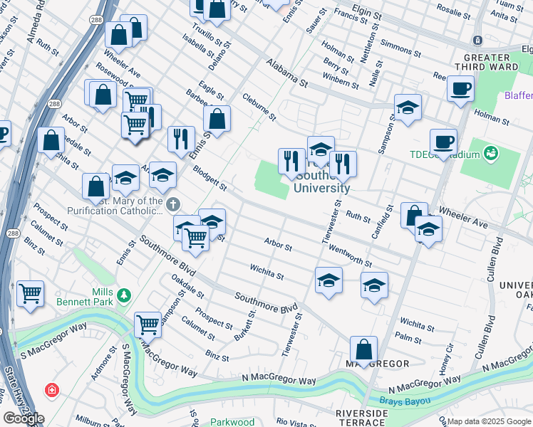 map of restaurants, bars, coffee shops, grocery stores, and more near 3331 Blodgett Street in Houston