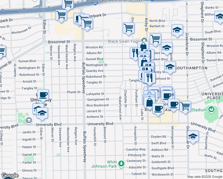 map of restaurants, bars, coffee shops, grocery stores, and more near 2914 Plumb Street in Houston