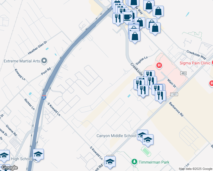 map of restaurants, bars, coffee shops, grocery stores, and more near 239 Indian Grass Drive in New Braunfels