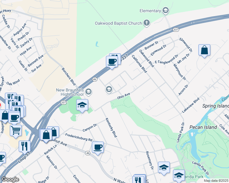 map of restaurants, bars, coffee shops, grocery stores, and more near 103 Brentwood Drive in New Braunfels