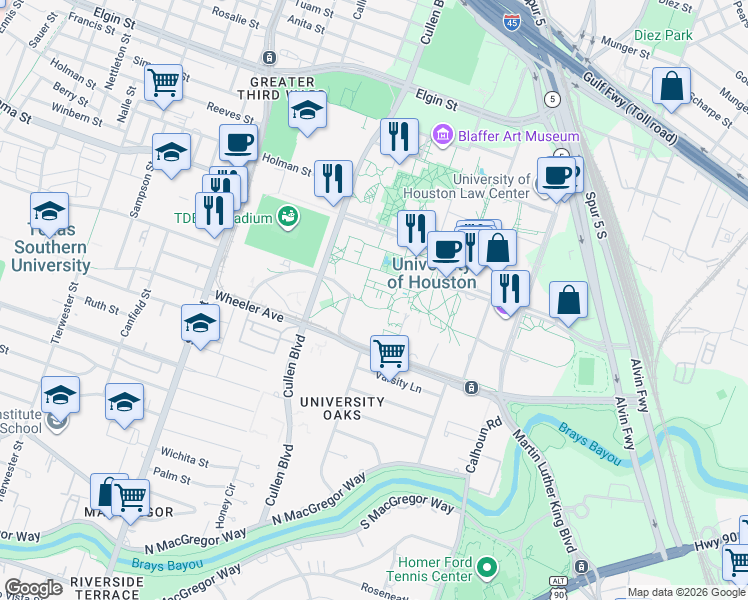 map of restaurants, bars, coffee shops, grocery stores, and more near 3801 Cullen Boulevard in Houston