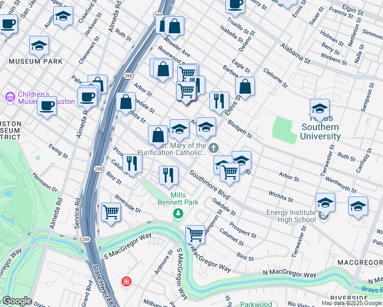 map of restaurants, bars, coffee shops, grocery stores, and more near 2909 Wichita Street in Houston