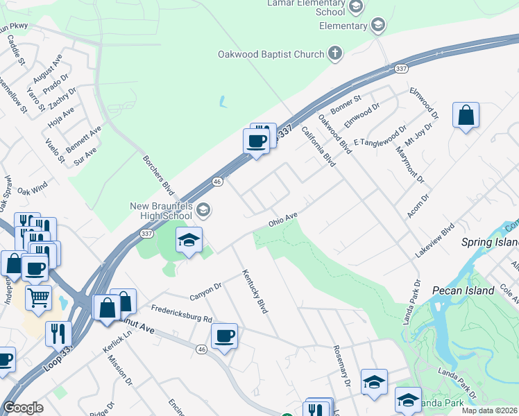 map of restaurants, bars, coffee shops, grocery stores, and more near 103 Brentwood Drive in New Braunfels