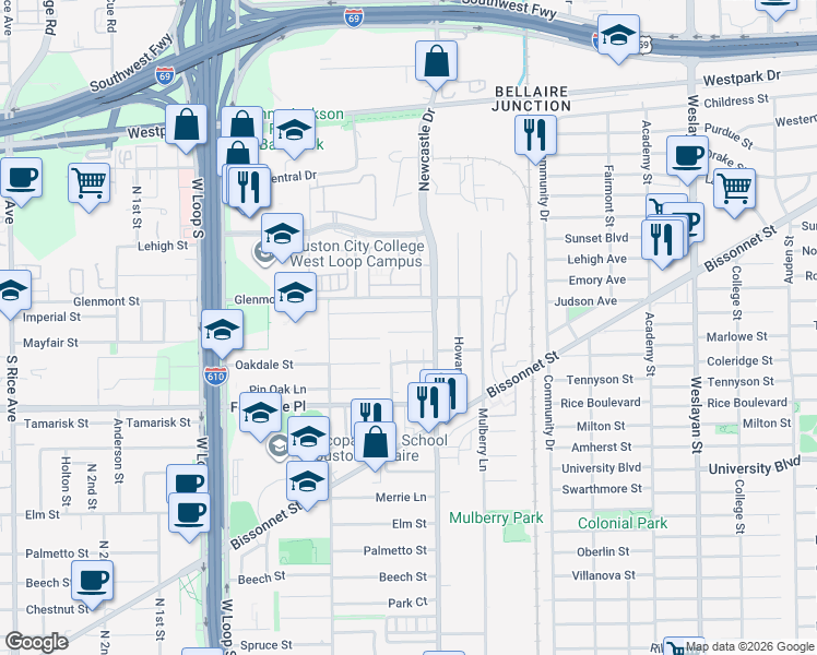 map of restaurants, bars, coffee shops, grocery stores, and more near 118 Phanturn Lane in Bellaire