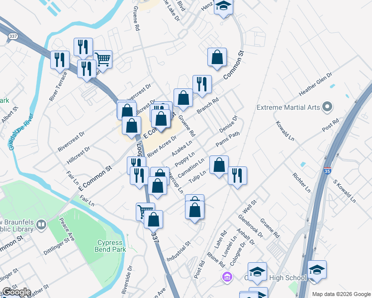 map of restaurants, bars, coffee shops, grocery stores, and more near 1332 Azalea Lane in New Braunfels