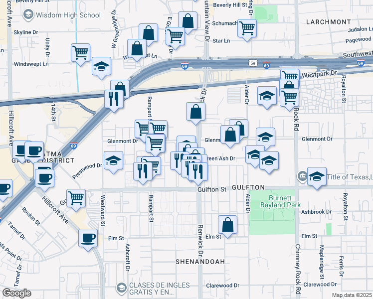 map of restaurants, bars, coffee shops, grocery stores, and more near 5915 Glenmont Drive in Houston