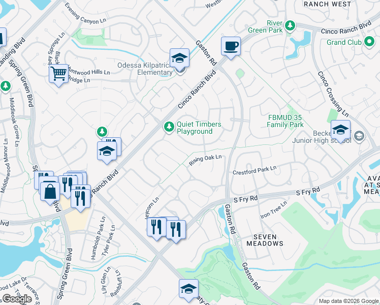 map of restaurants, bars, coffee shops, grocery stores, and more near 5127 Raven Forest Lane in Katy