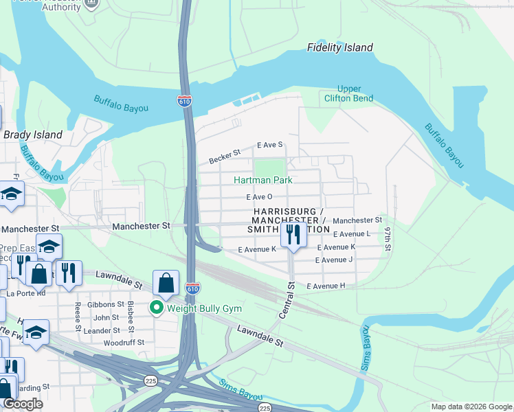 map of restaurants, bars, coffee shops, grocery stores, and more near 9301 East Avenue North in Houston
