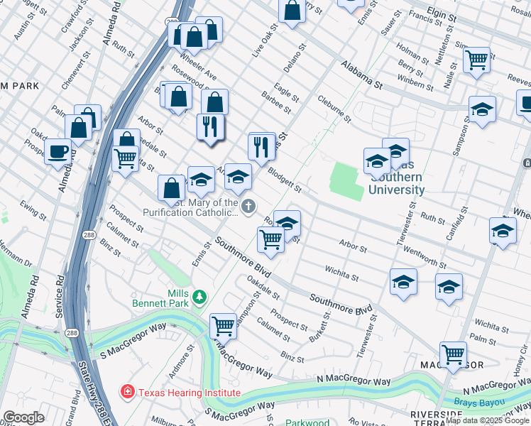 map of restaurants, bars, coffee shops, grocery stores, and more near 3124 Arbor Street in Houston