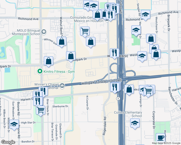 map of restaurants, bars, coffee shops, grocery stores, and more near 10965 Westpark Drive in Houston