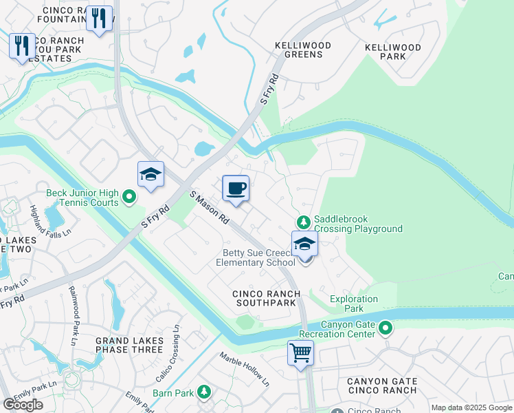 map of restaurants, bars, coffee shops, grocery stores, and more near 5210 Hanneck Valley Lane in Katy