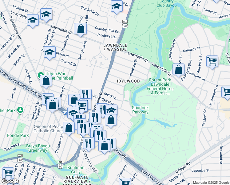 map of restaurants, bars, coffee shops, grocery stores, and more near 6642 Rockbridge Lane in Houston