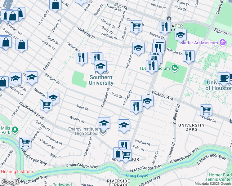 map of restaurants, bars, coffee shops, grocery stores, and more near 3544 Rosewood Street in Houston