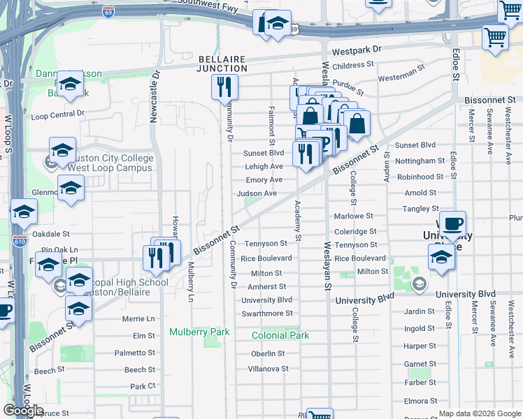 map of restaurants, bars, coffee shops, grocery stores, and more near 4136 Bissonnet Street in West University Place