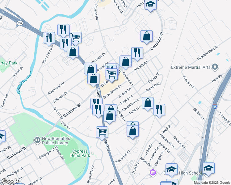 map of restaurants, bars, coffee shops, grocery stores, and more near 1342 River Acres Dr in New Braunfels