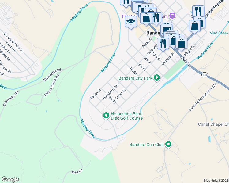 map of restaurants, bars, coffee shops, grocery stores, and more near 415 4th Street in Bandera