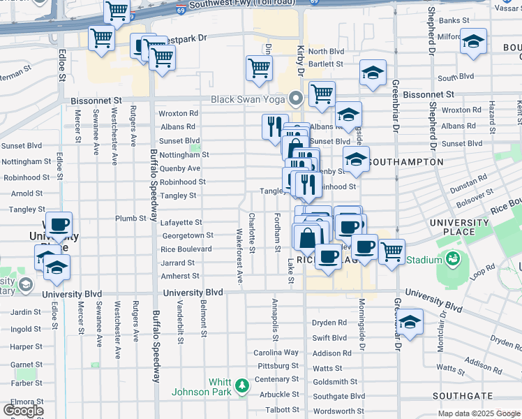 map of restaurants, bars, coffee shops, grocery stores, and more near 5820 Annapolis Street in Houston