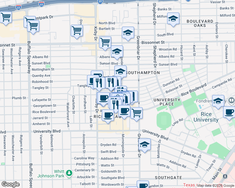 map of restaurants, bars, coffee shops, grocery stores, and more near 5122 Morningside Drive in Houston