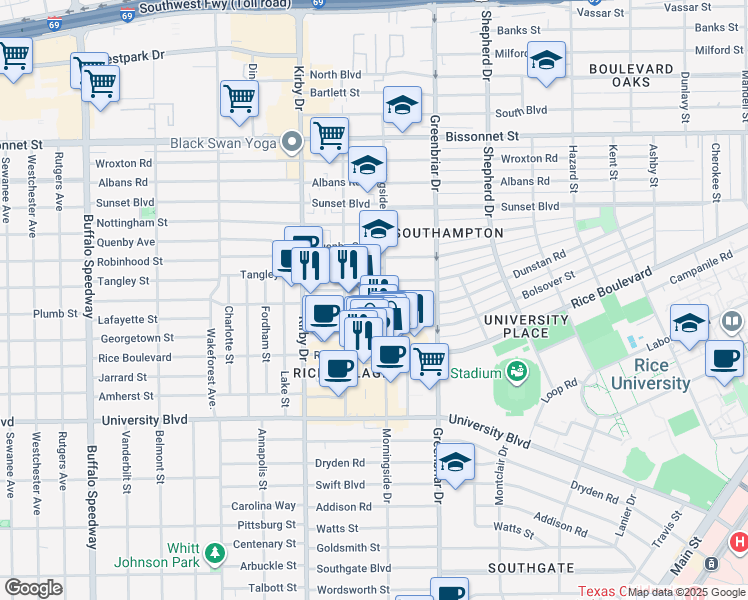 map of restaurants, bars, coffee shops, grocery stores, and more near 5122 Morningside Drive in Houston