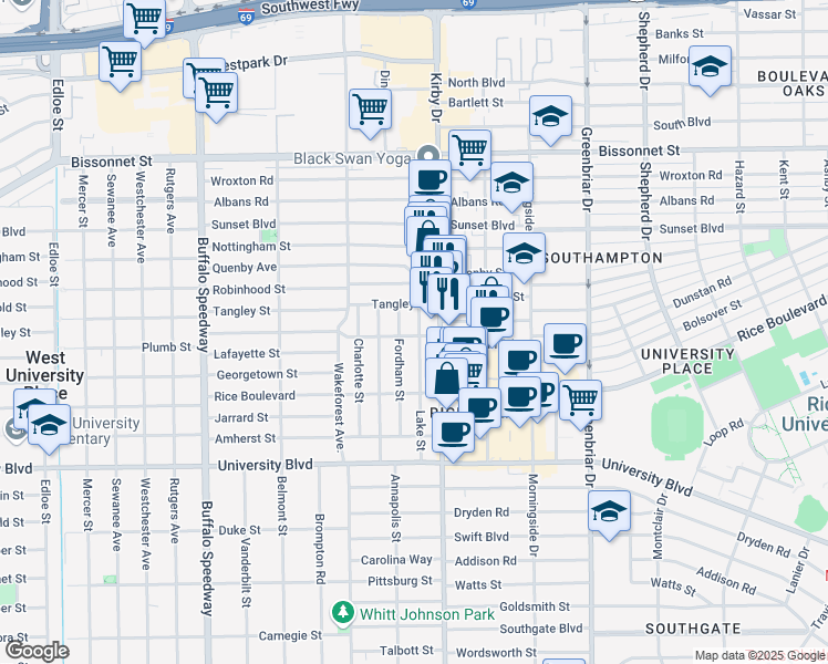 map of restaurants, bars, coffee shops, grocery stores, and more near 5820 Lake Street in Houston