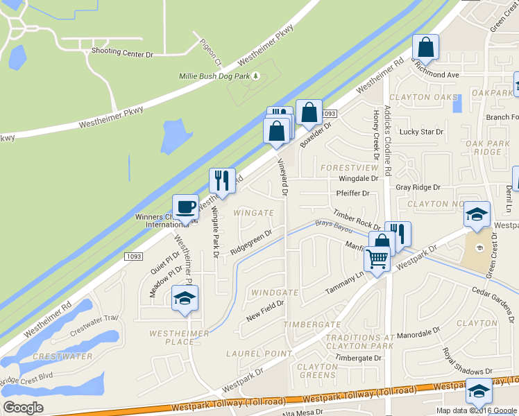 map of restaurants, bars, coffee shops, grocery stores, and more near 16106 Glen Mar Drive in Houston