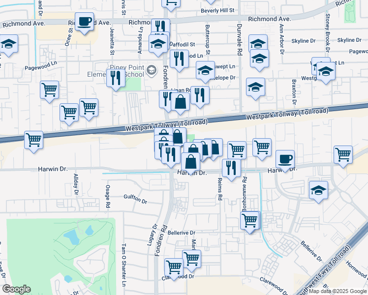 map of restaurants, bars, coffee shops, grocery stores, and more near 8726 Glenmont Drive in Houston