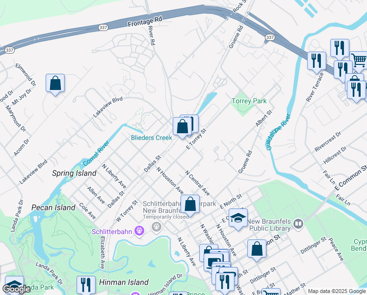 map of restaurants, bars, coffee shops, grocery stores, and more near 365 East Torrey Street in New Braunfels