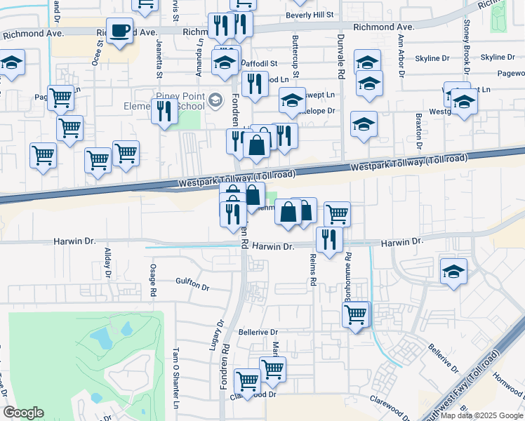 map of restaurants, bars, coffee shops, grocery stores, and more near 8724-8726 Glenmont Drive in Houston