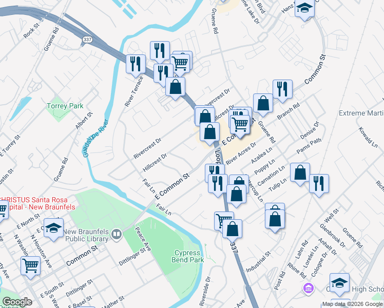 map of restaurants, bars, coffee shops, grocery stores, and more near 712 Woodcrest Cir in New Braunfels