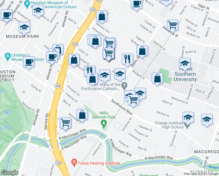 map of restaurants, bars, coffee shops, grocery stores, and more near 2909 Wichita Street in Houston