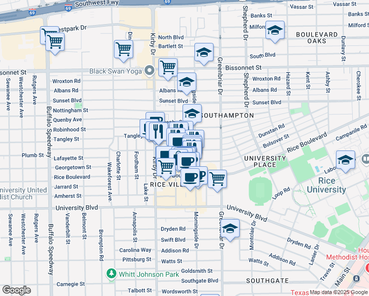 map of restaurants, bars, coffee shops, grocery stores, and more near 2424 Dunstan Road in Houston