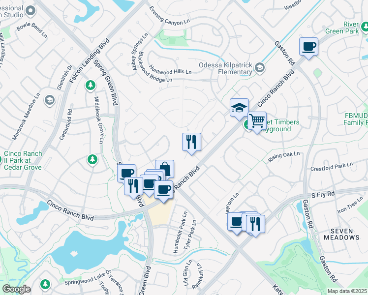 map of restaurants, bars, coffee shops, grocery stores, and more near 4906 Sandalia Court in Katy