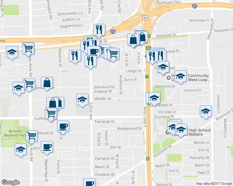 map of restaurants, bars, coffee shops, grocery stores, and more near 4905 Imperial Street in Bellaire