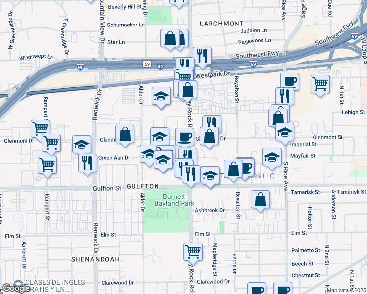 map of restaurants, bars, coffee shops, grocery stores, and more near 5716 Chimney Rock Road in Houston