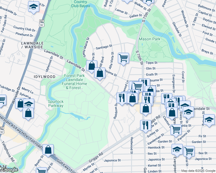 map of restaurants, bars, coffee shops, grocery stores, and more near 2032 Pasadena Street in Houston